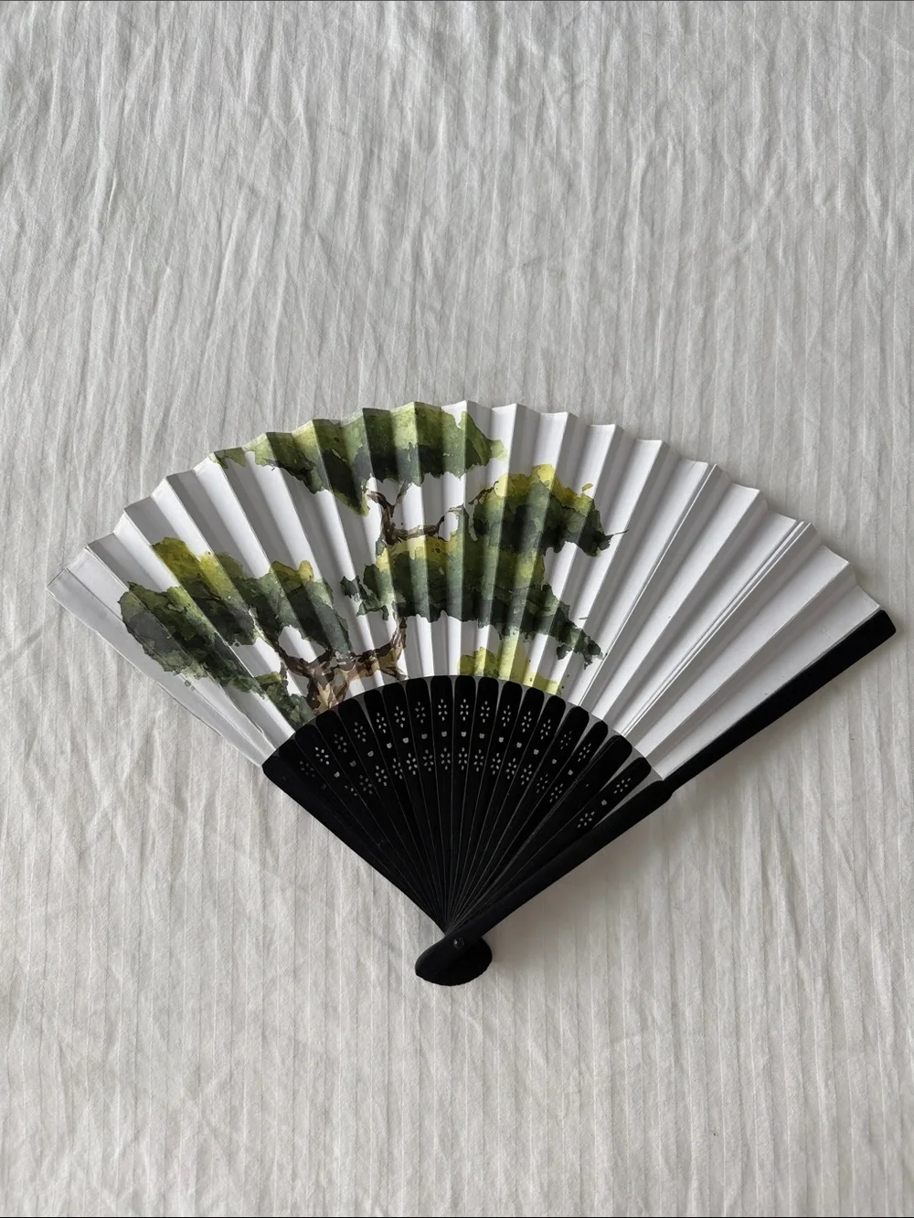 Foldable Hand Fan with Green Tree Design Vintage